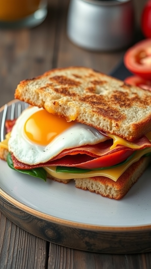 Delicious Breakfast Sandwich Ideas A delicious breakfast sandwich with egg, cheese, and bacon on toasted bread, served with fresh fruit.